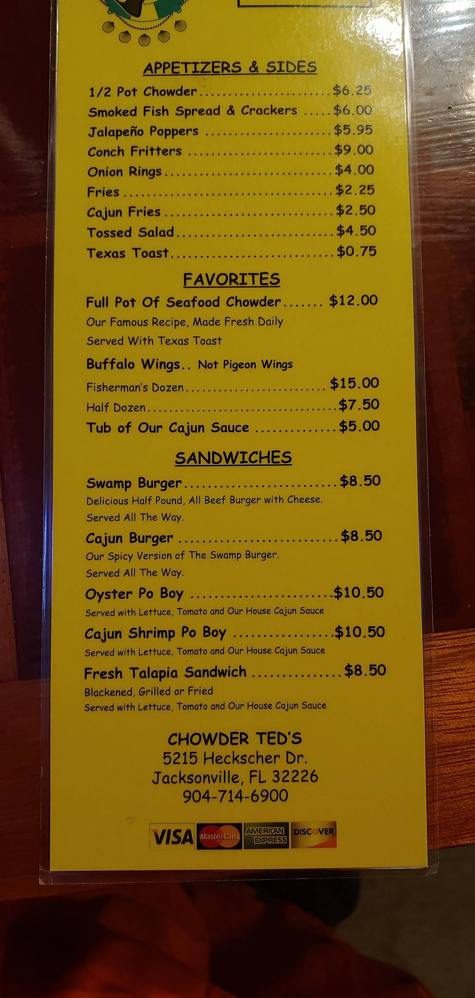 Menu at Chowder Ted's pub & bar, Jacksonville