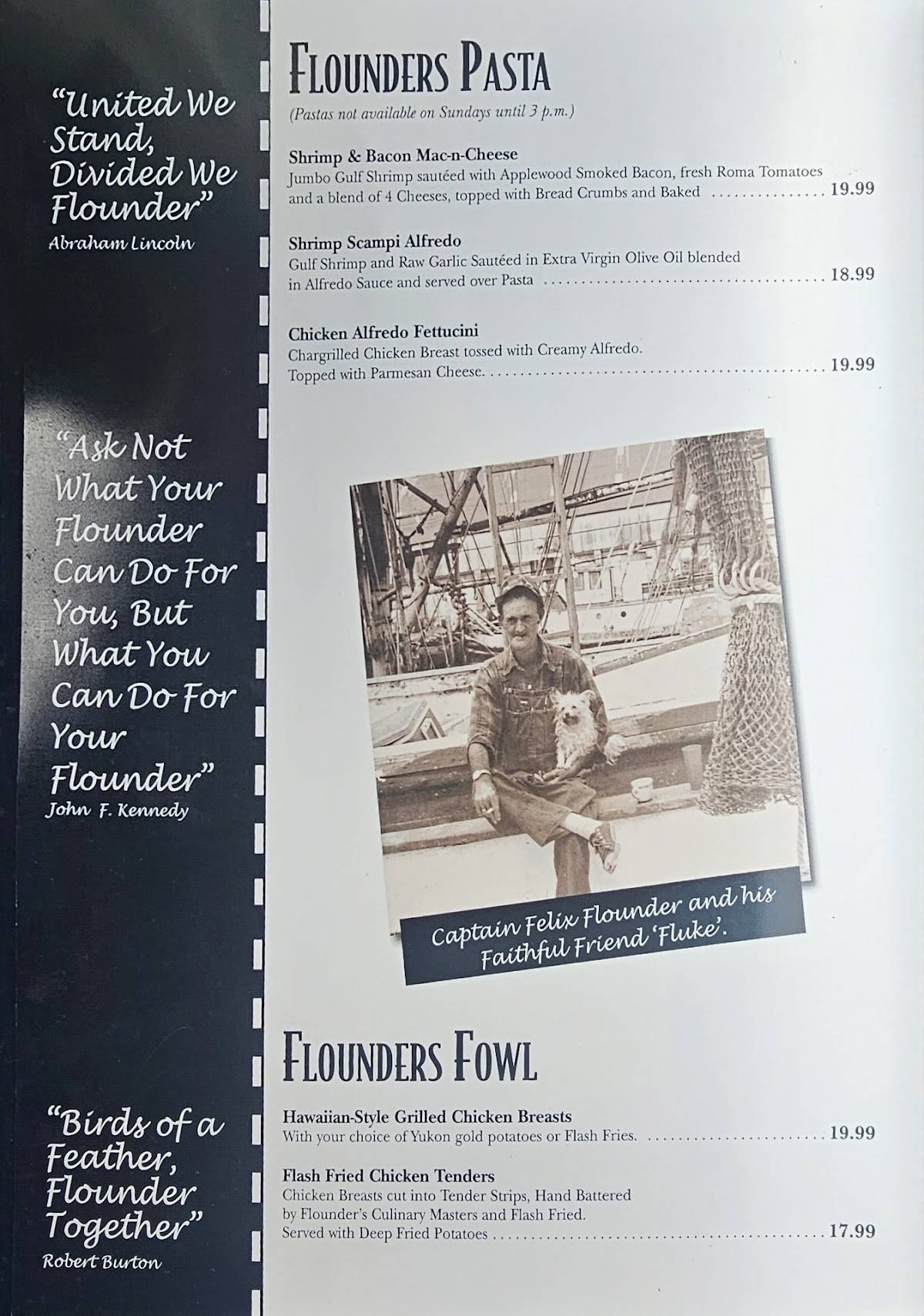 Menu at Flounder's Chowder House pub & bar, Pensacola Beach