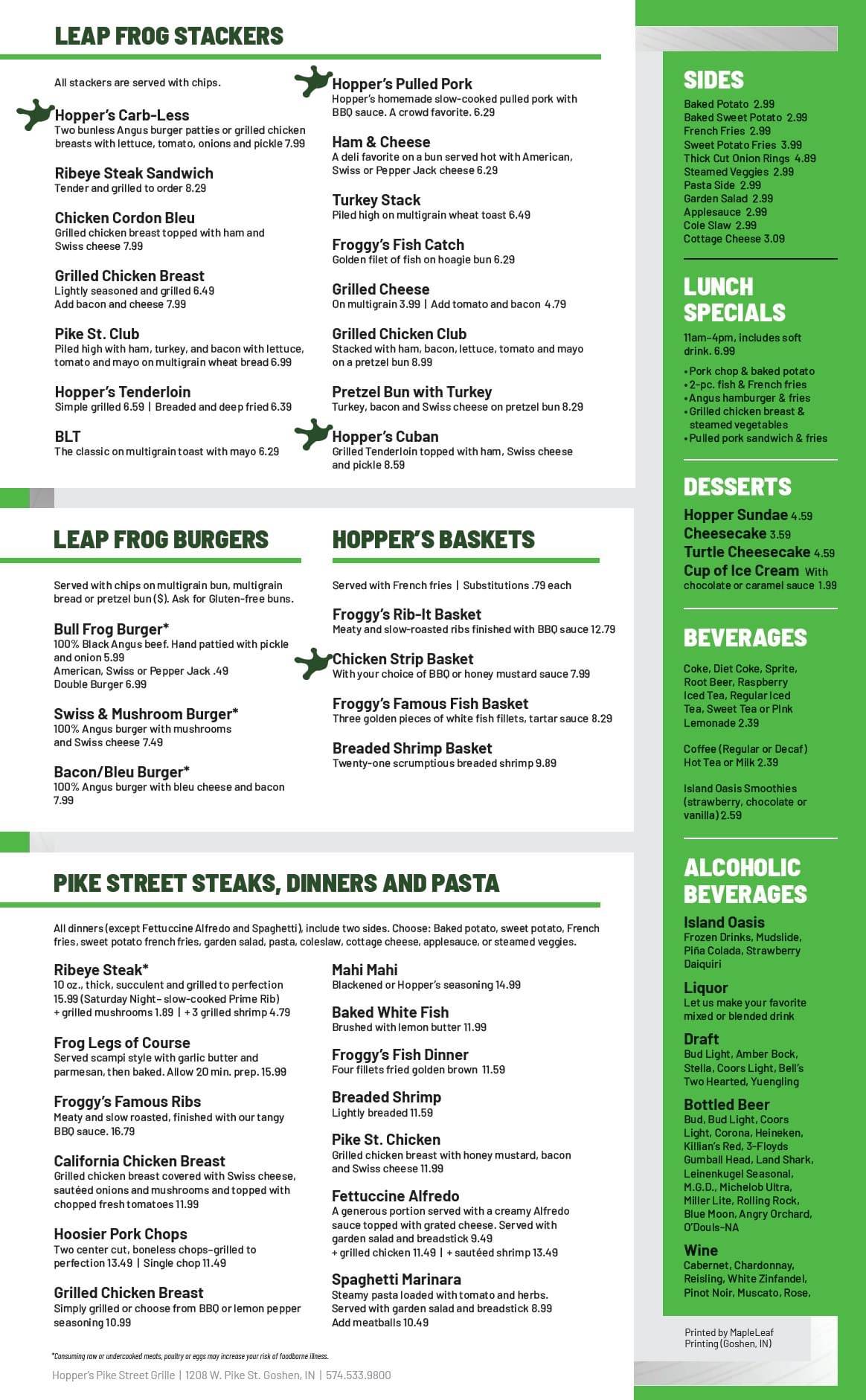 Menu at Hoppers Pike Street Grill pub & bar, Goshen