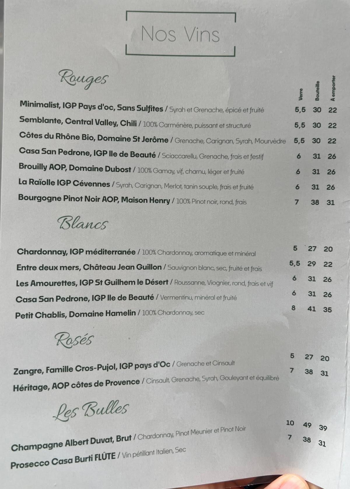 Menu de Louisette bar à grignoter Paris 14ème