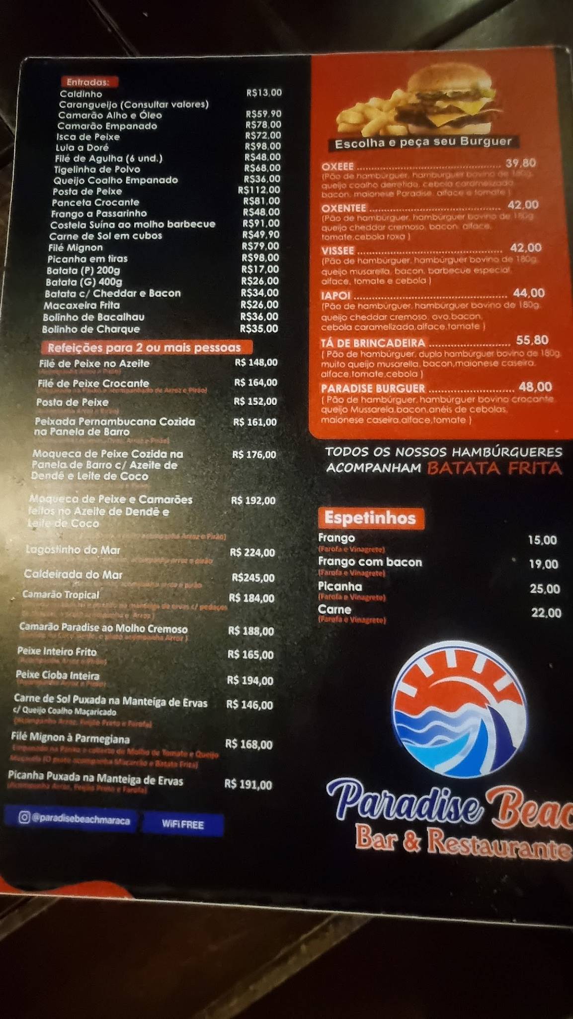 Paradise Beach, Bar e Restaurante cardápio