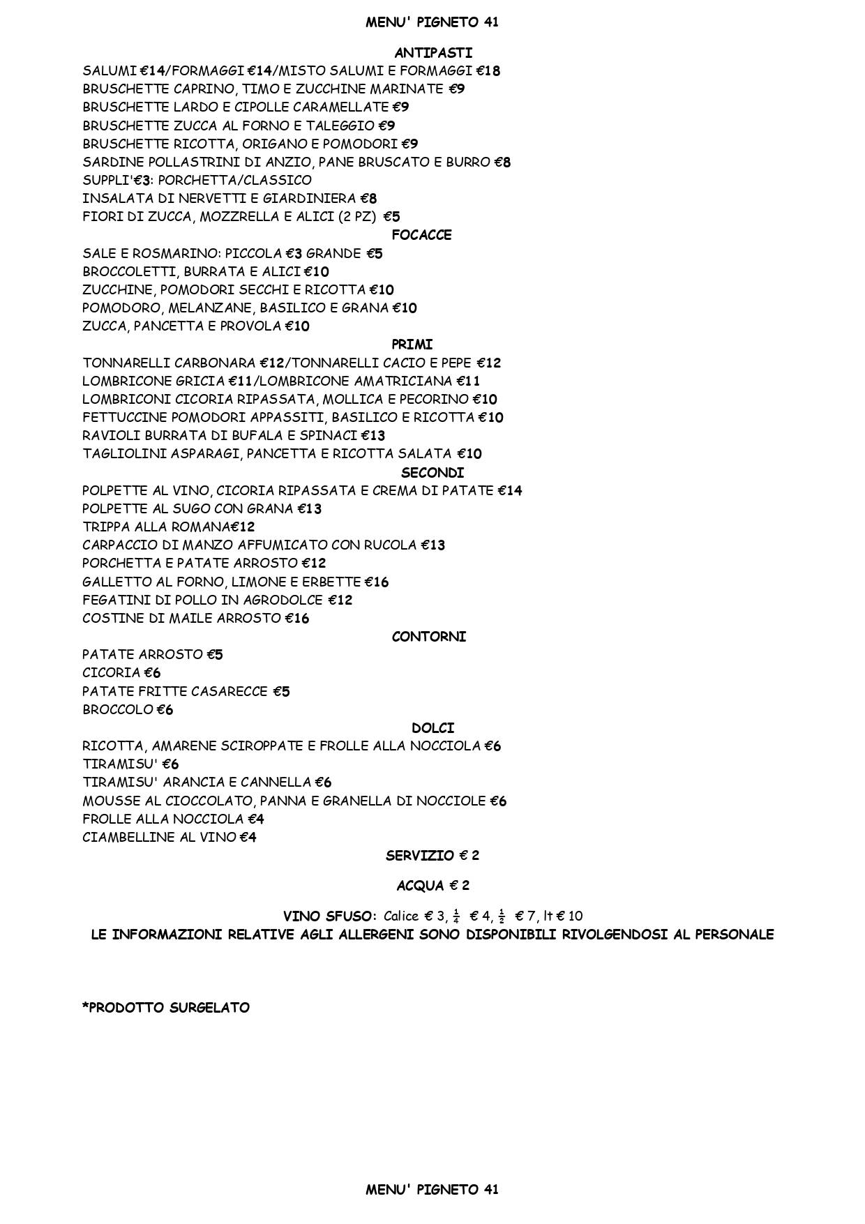 Menu de Pigneto Quarantuno