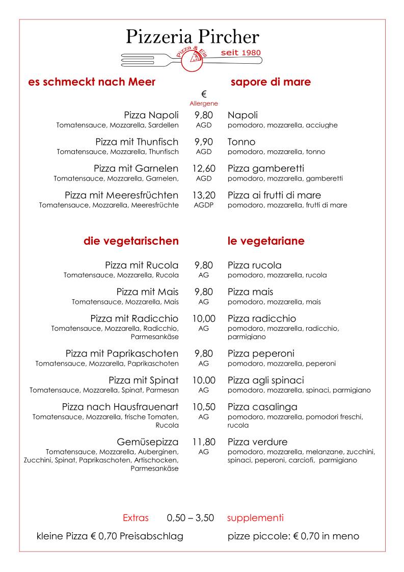 Menu di Pizzeria Eisdiele Pircher 