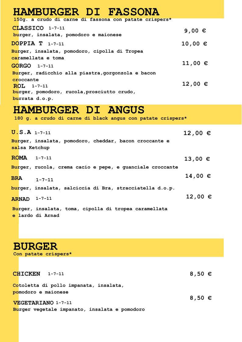 Menu di Rol Birreria con cucina. 