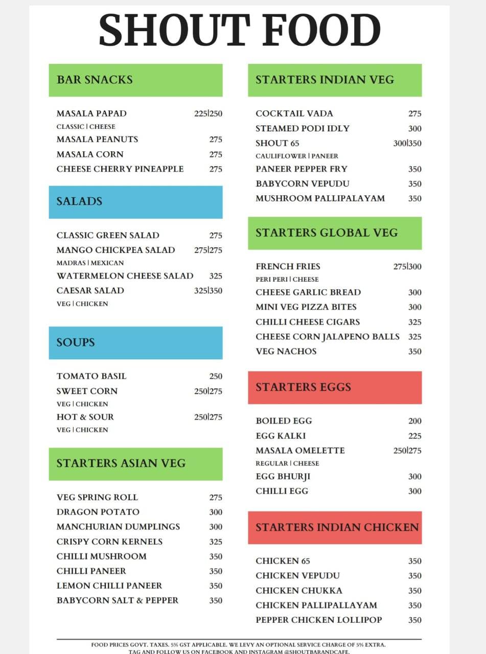 SHOUT Bar & Cafe menu