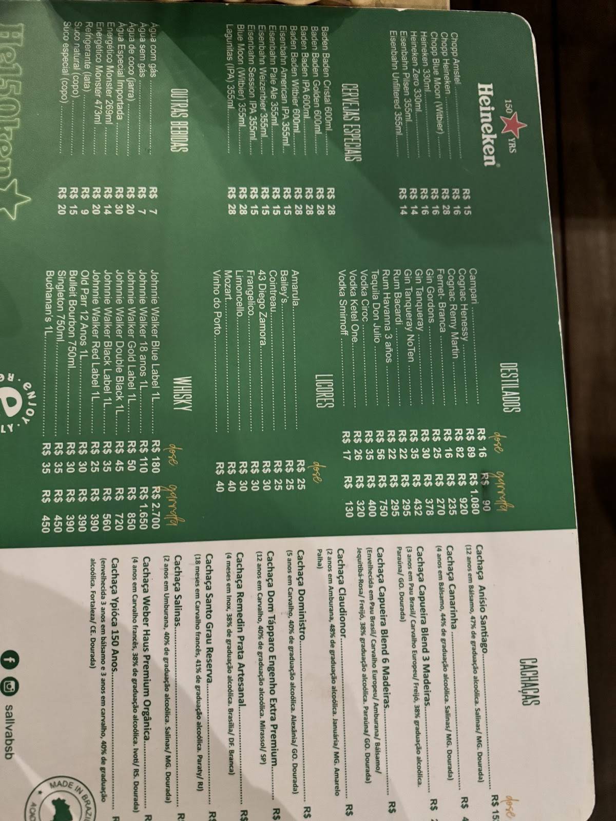 Sallva Bar e Ristorante - Pontão Lago Sul - Brasília DF cardápio