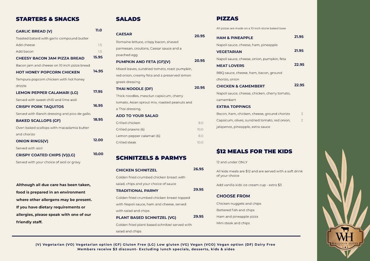 Menu at The Walloon Hotel restaurant, Walloon