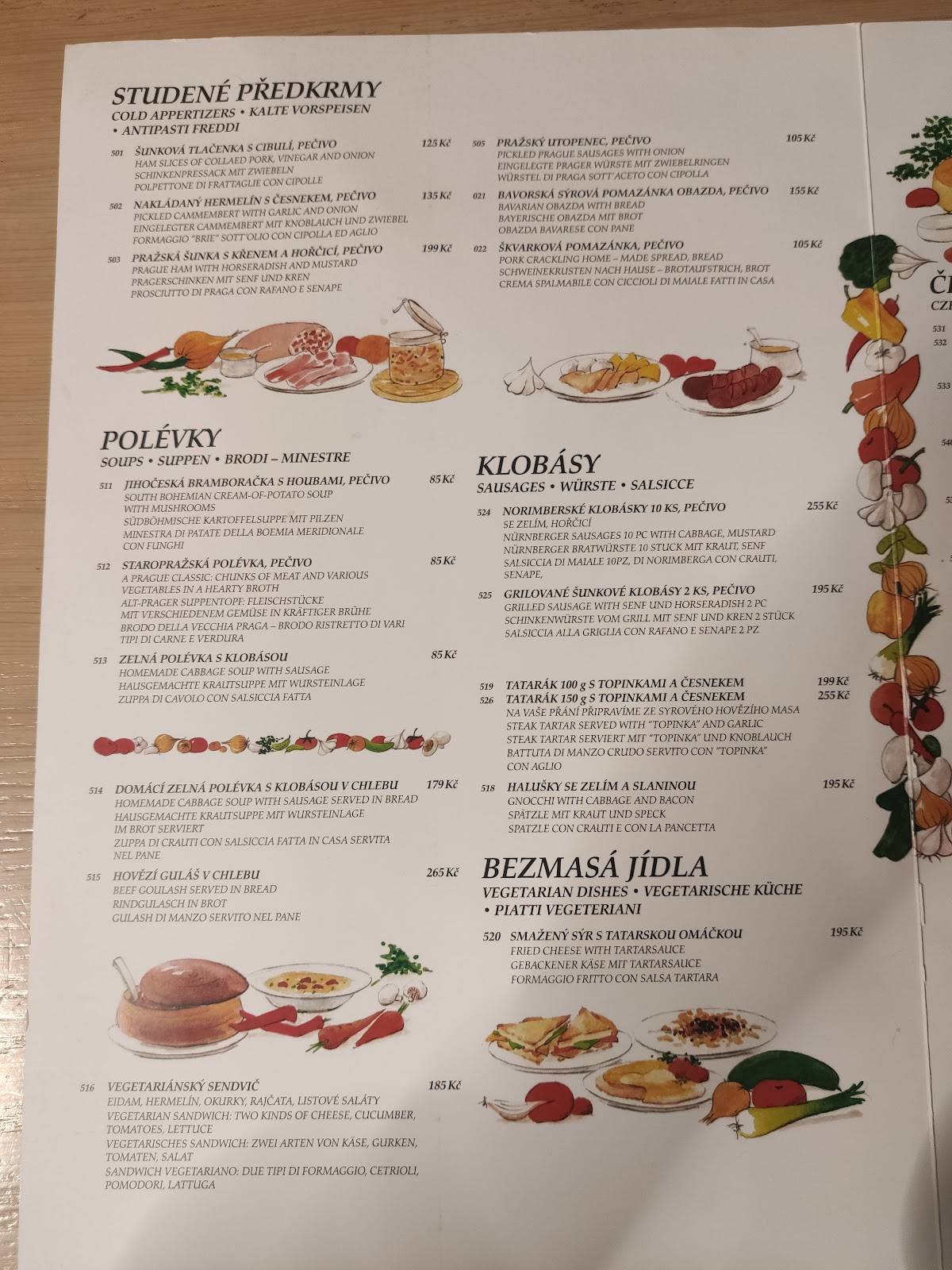 Menu at U Glaubiců restaurant, Prague, Malostranské nám. 266/5