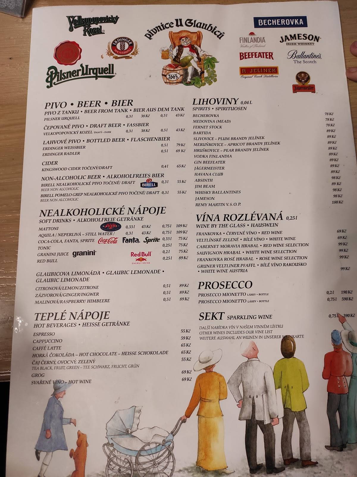 Menu at U Glaubiců restaurant, Prague, Malostranské nám. 266/5