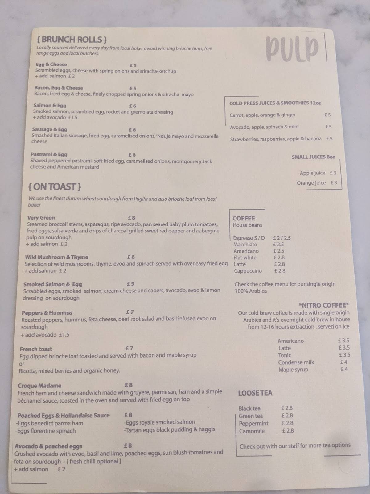Menu at Pulp restaurant, Glasgow