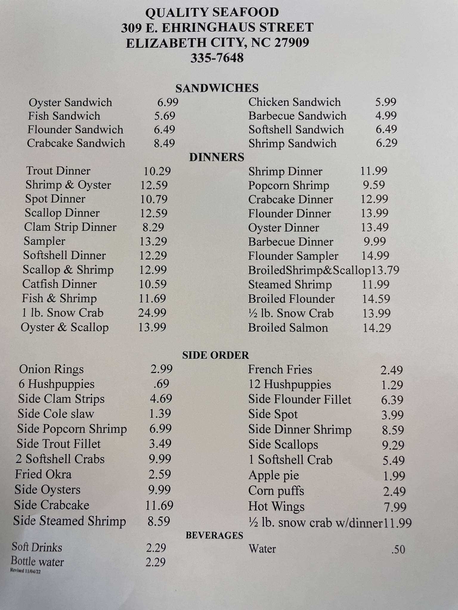 Menu at Quality Seafood Market restaurant, Elizabeth City