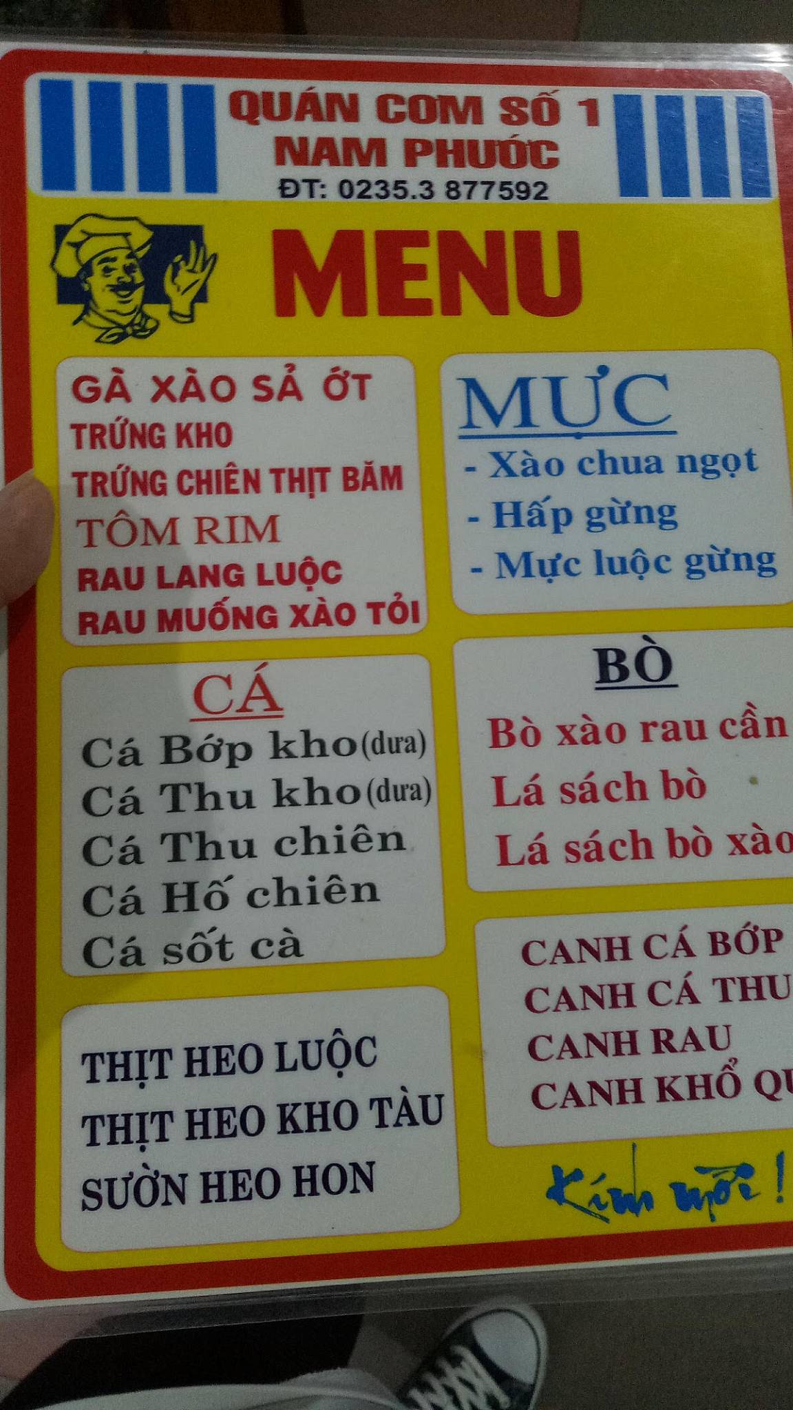 Menu at Quán Cơm Số 1 restaurant, Hoi An, 24 Điện Biên Phủ