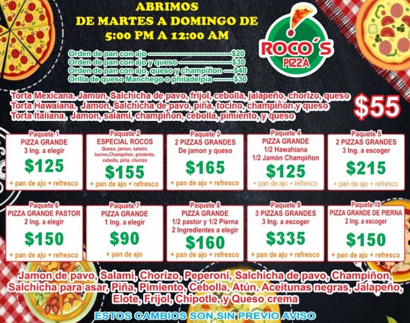 Menu at ROCO'S PIZZA restaurant, Merida