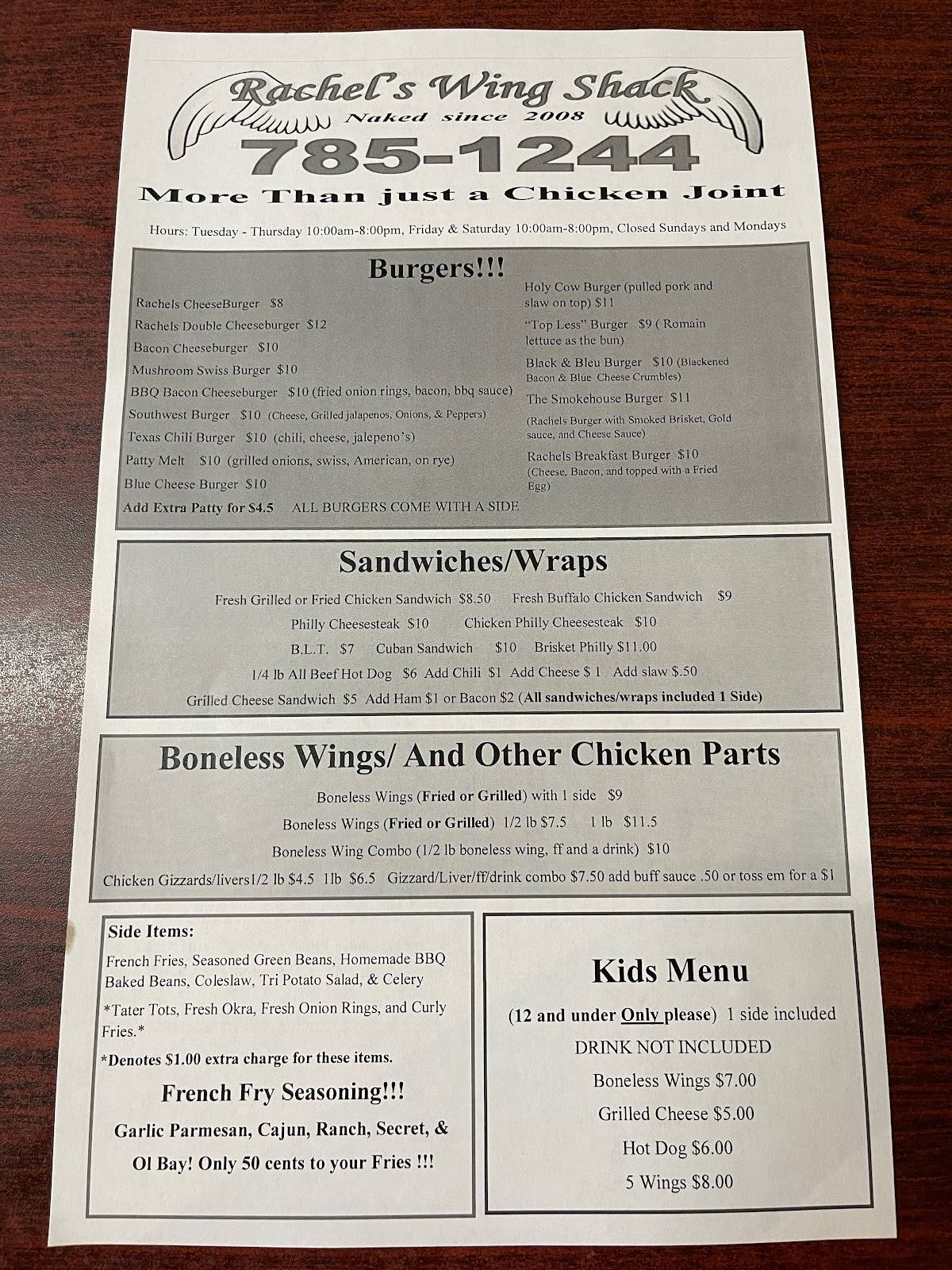 Menu at Rachel's wingshack restaurant, DeLand