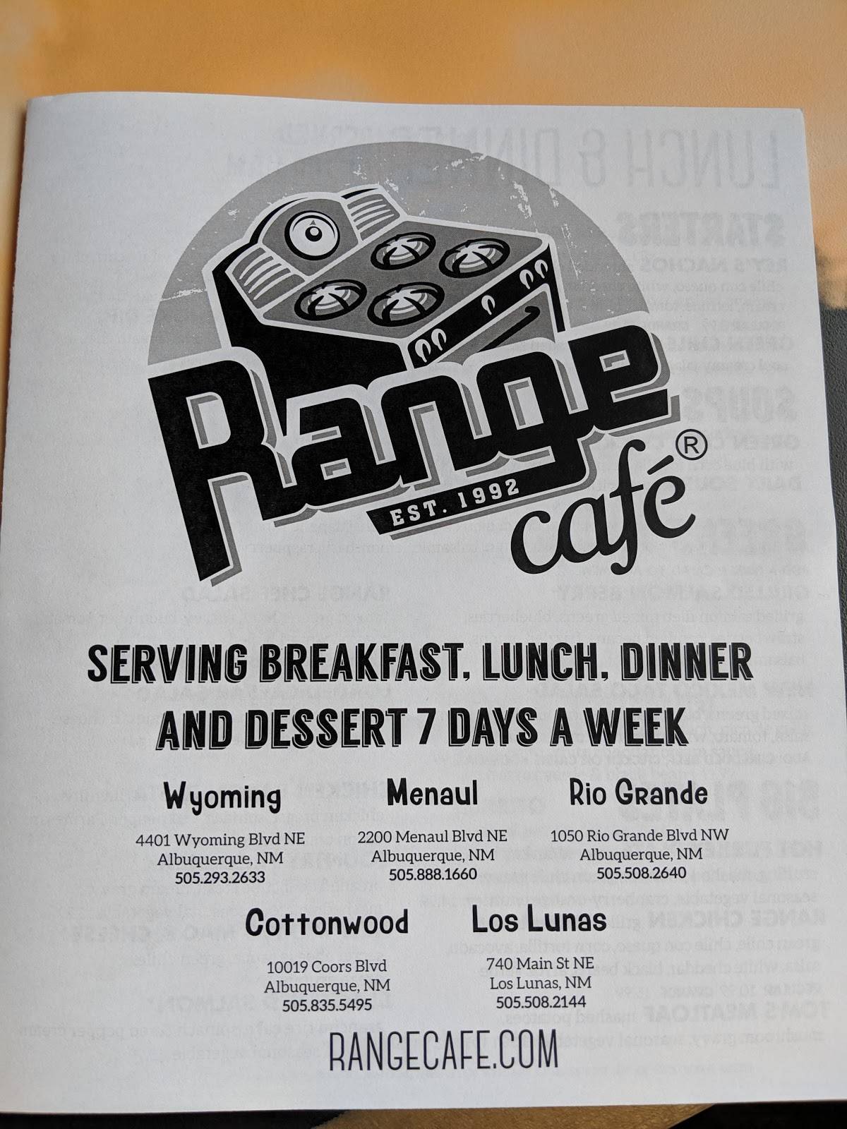 Menu at Range Cafe Los Lunas, Los Lunas