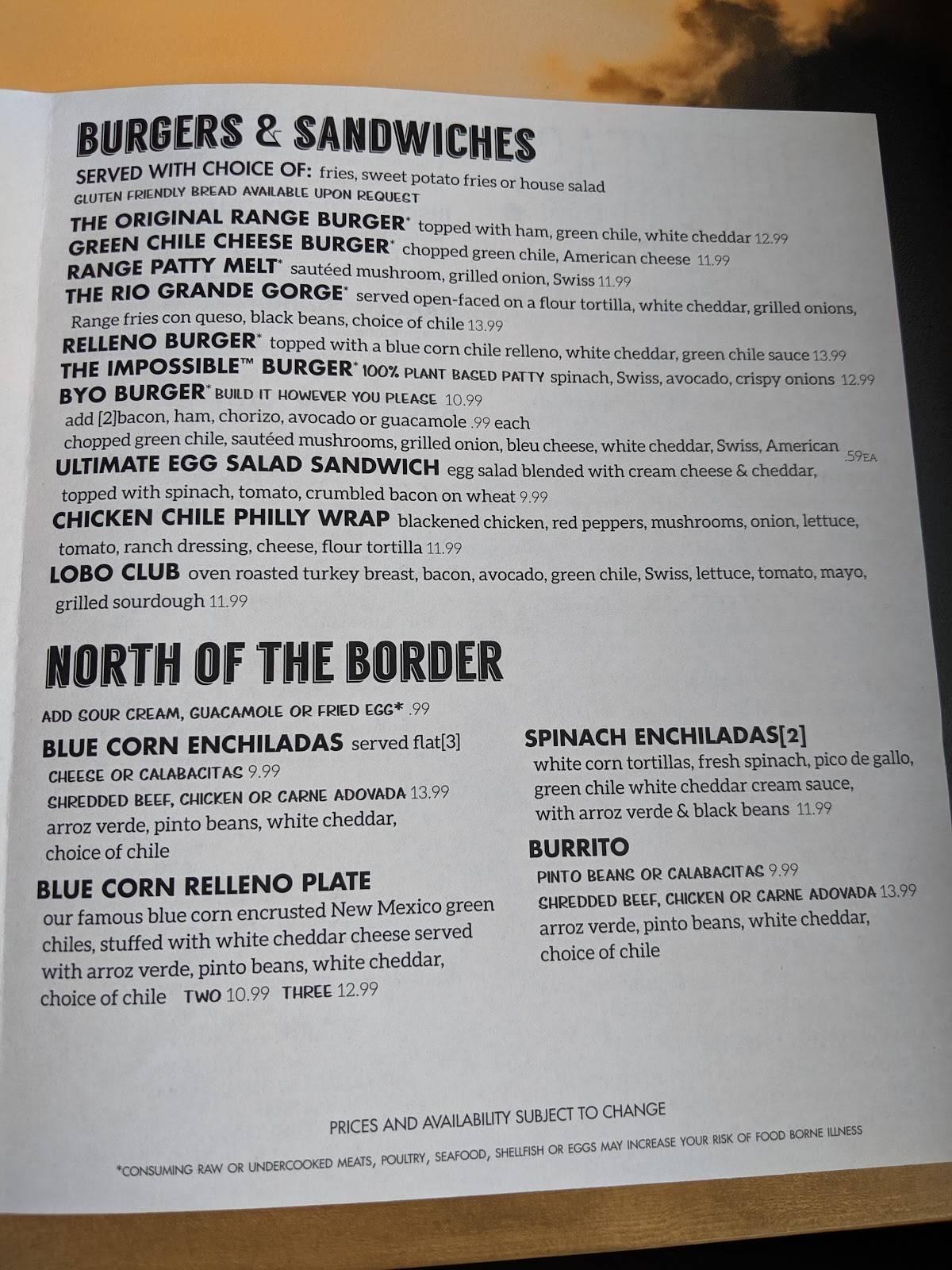 Menu at Range Cafe Los Lunas, Los Lunas