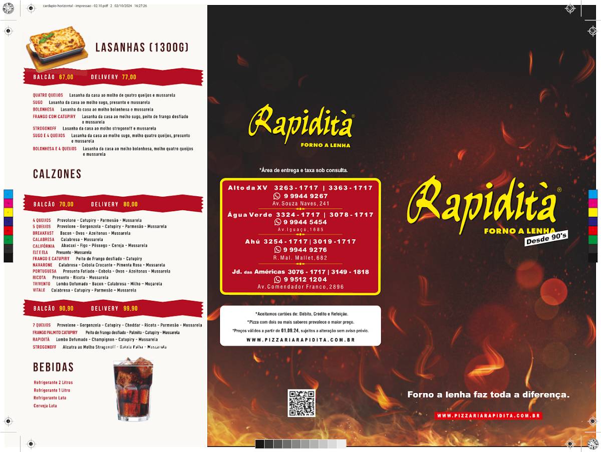 Rapidità Pizzaria - Unidade Água Verde. Forno a lenha, massa artesanal, recheada, entrega com rapidez,. cardápio