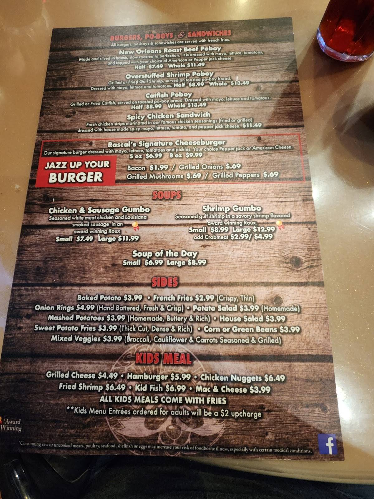 Rascal's Cajun Restaurant menu