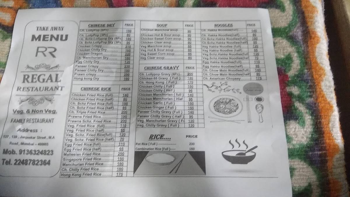 Regal restaurant menu