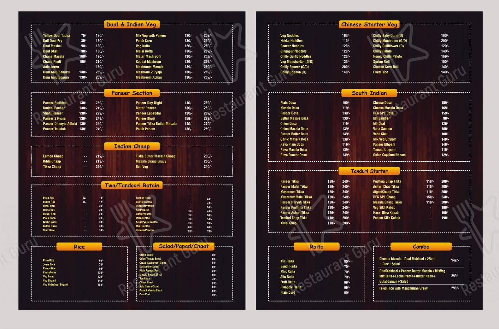 Menu for the RFC Panipat restaurant