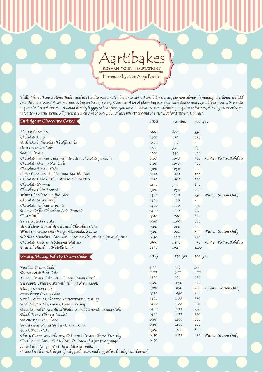Aartibakes menu