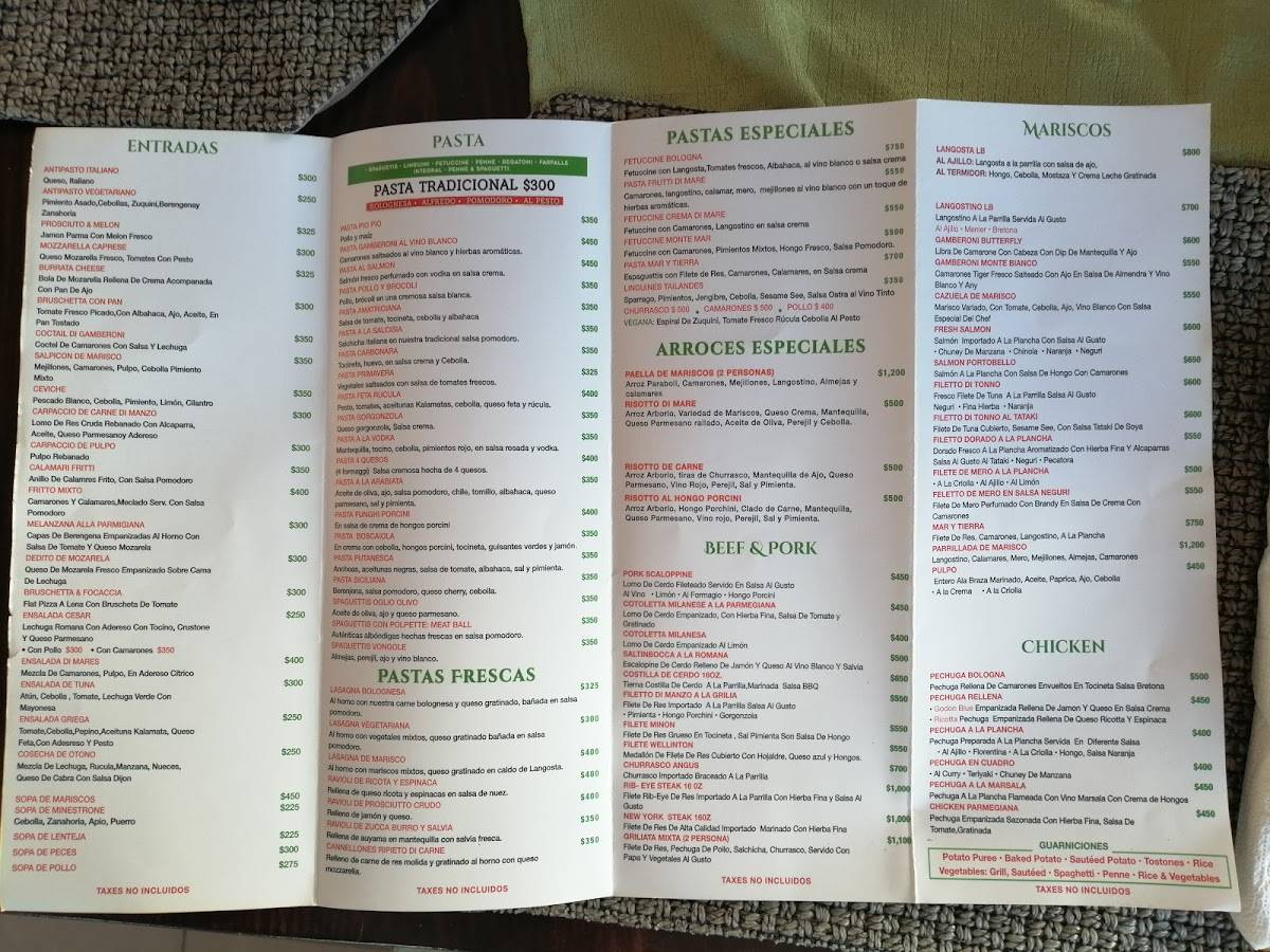 Menu at Bologna restaurant, Sosúa