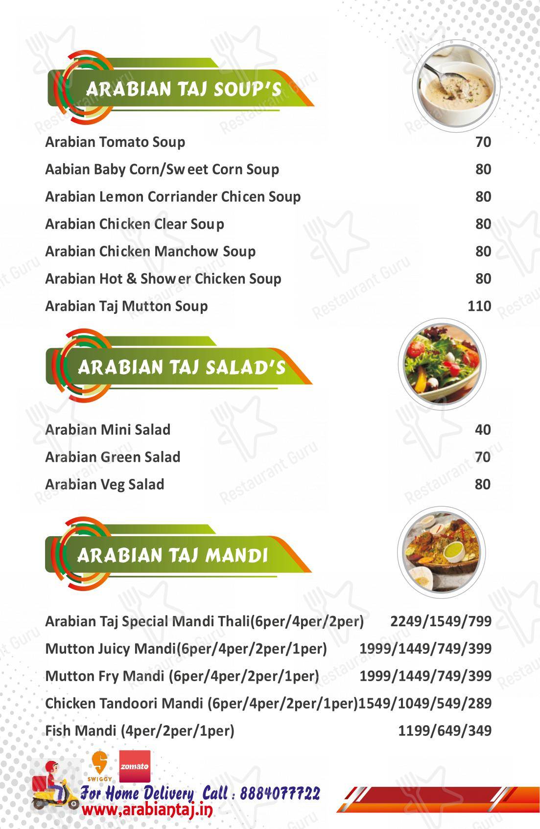Arabian Taj Family Restaurant menu