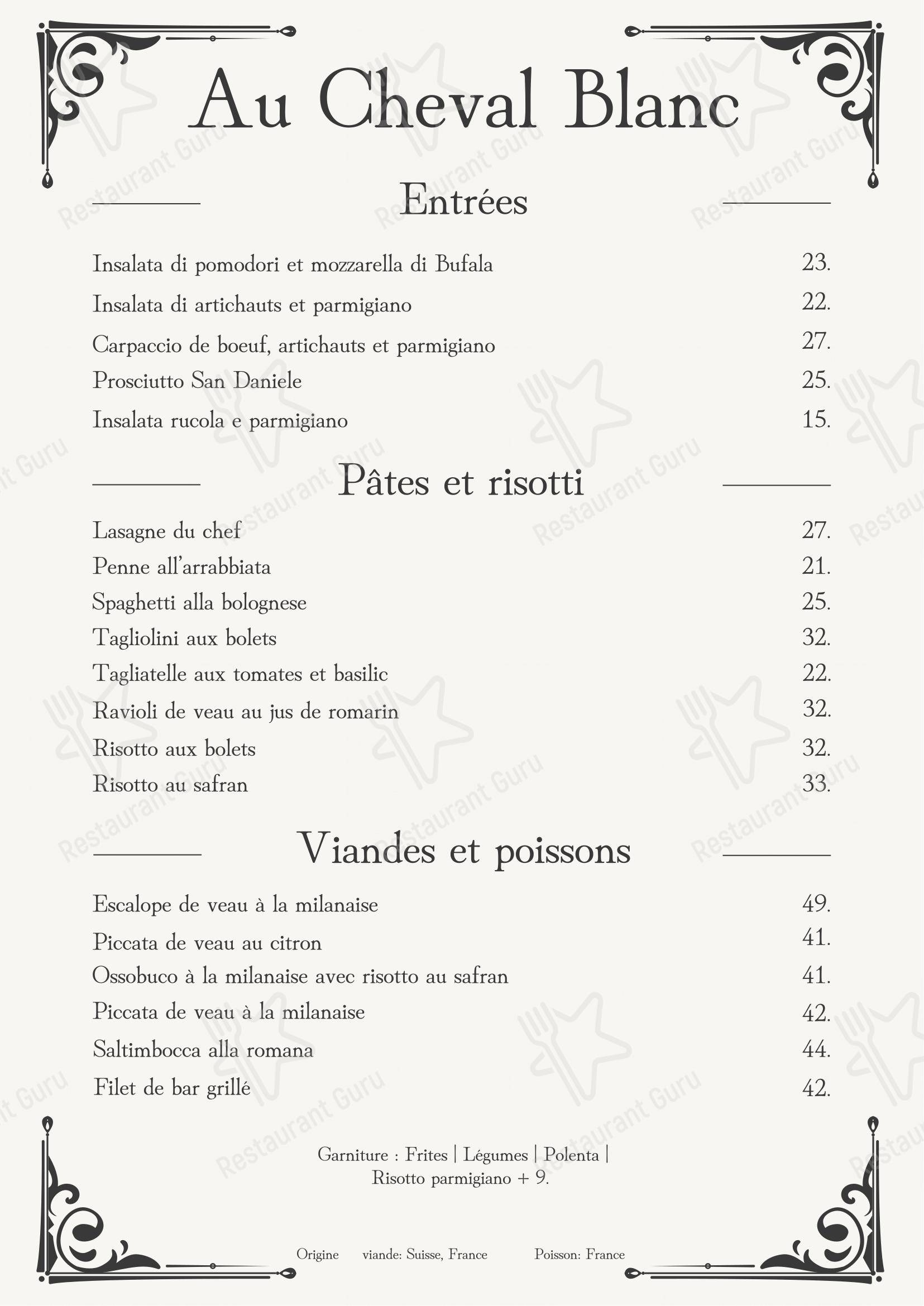 Menu pour Restaurant Au Cheval Blanc à Puplinge - Menu