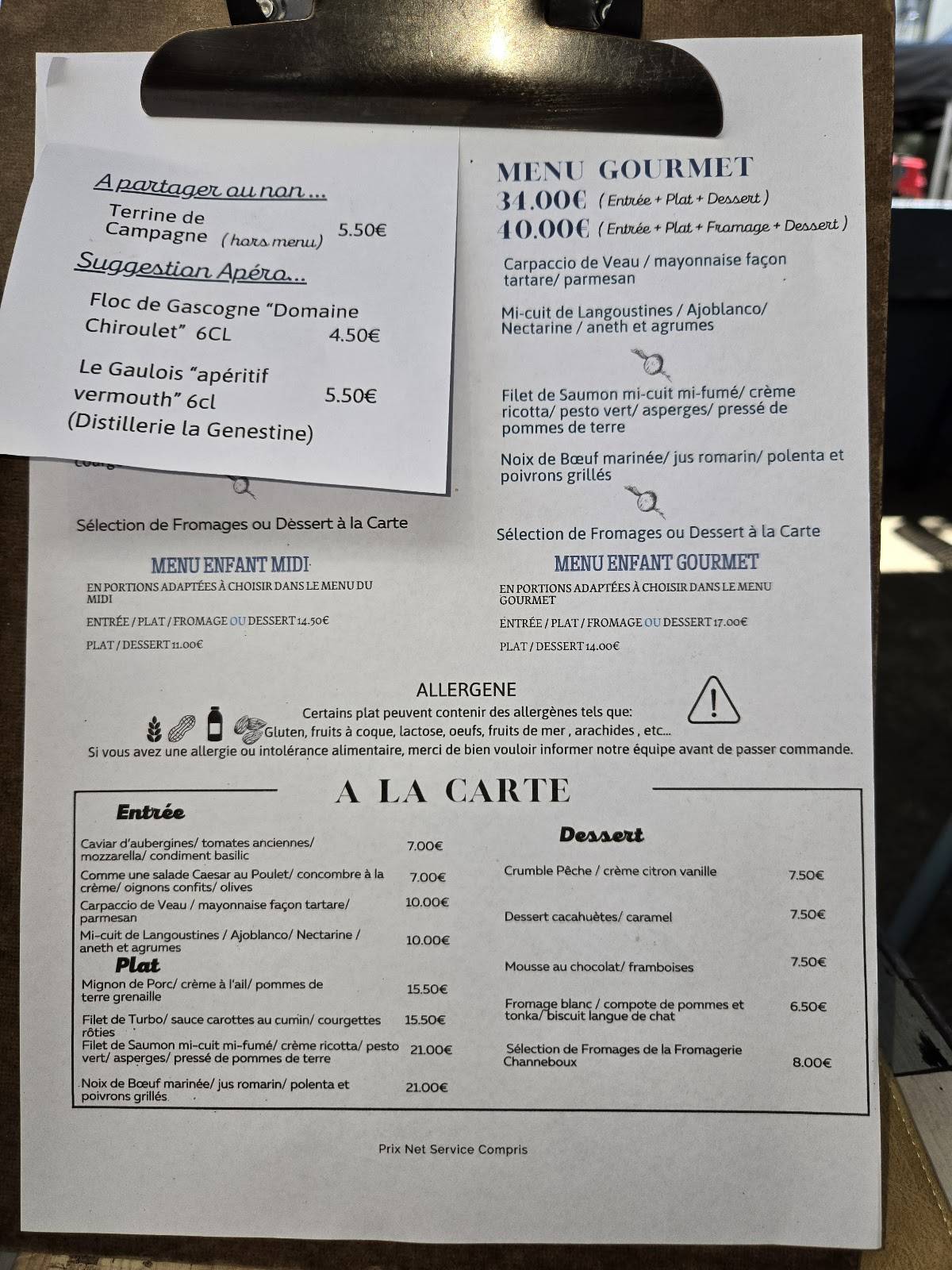 Menu de BHV 2.1 restaurant et bistrot a vin