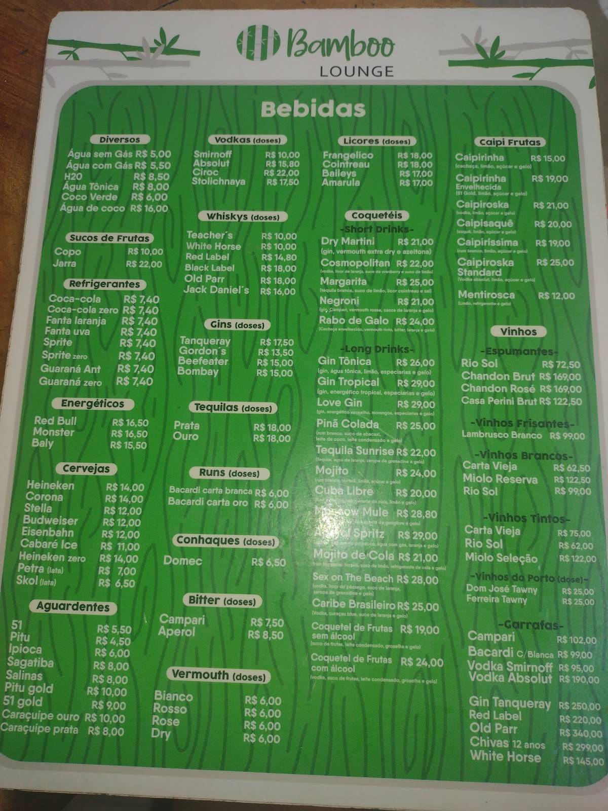 Bamboo Lounge cardápio