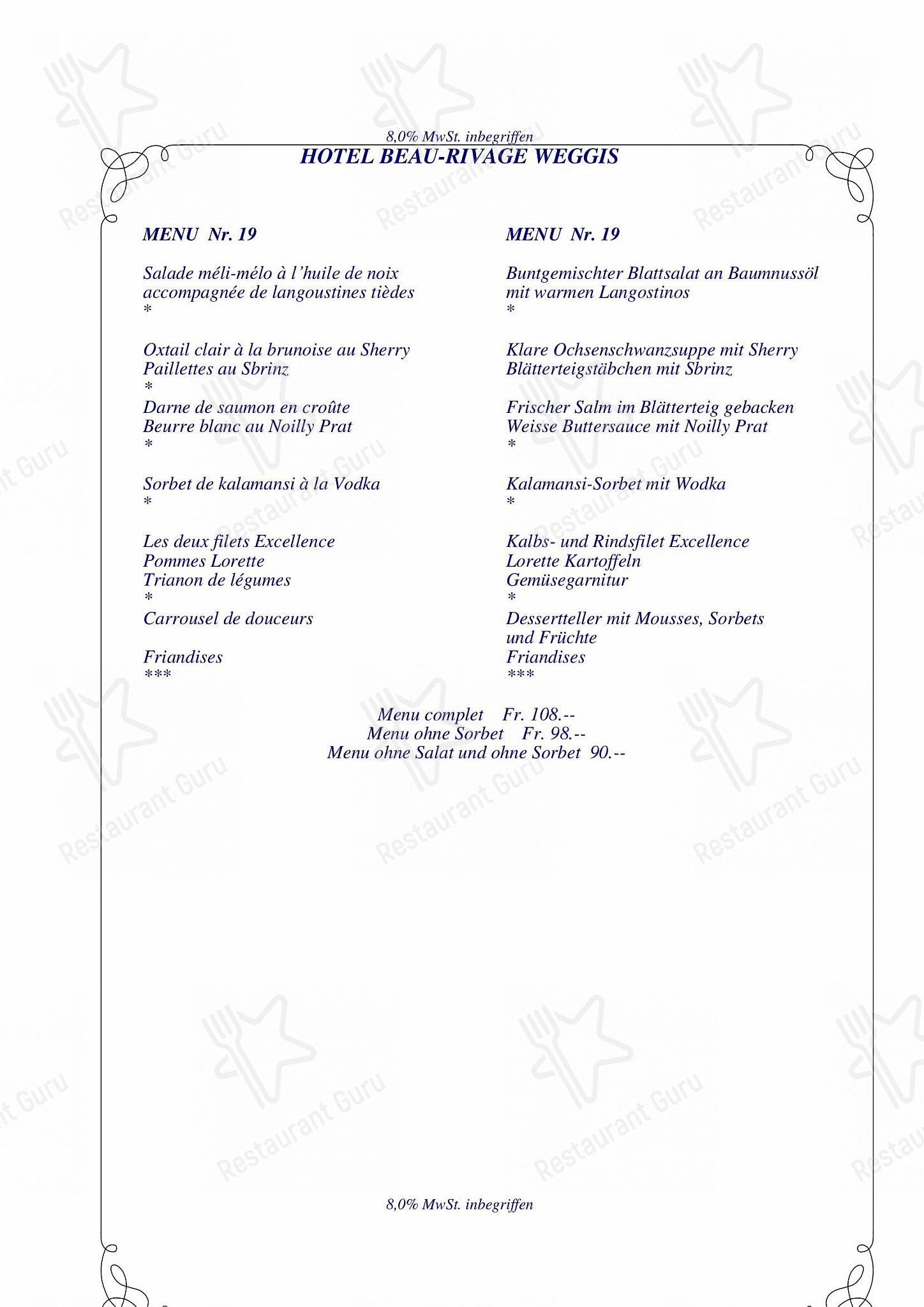 Menu di Romantik Hotel Beau - Rivage Weggis - Lunch Menu