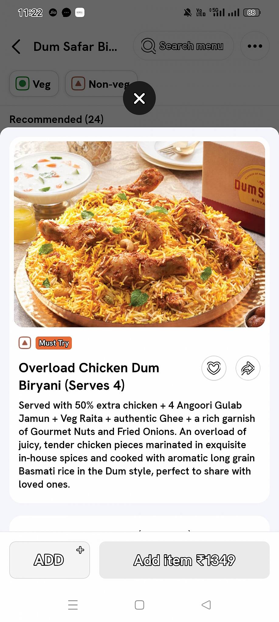 Biryani Dhadkan menu