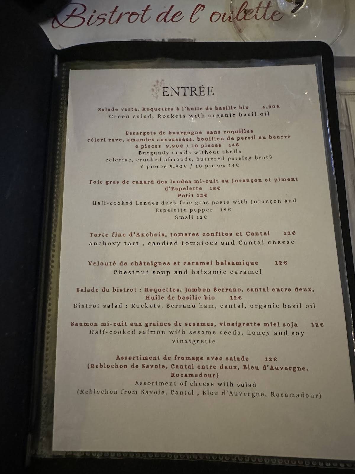 Menu de Bistrot de l’Oulette