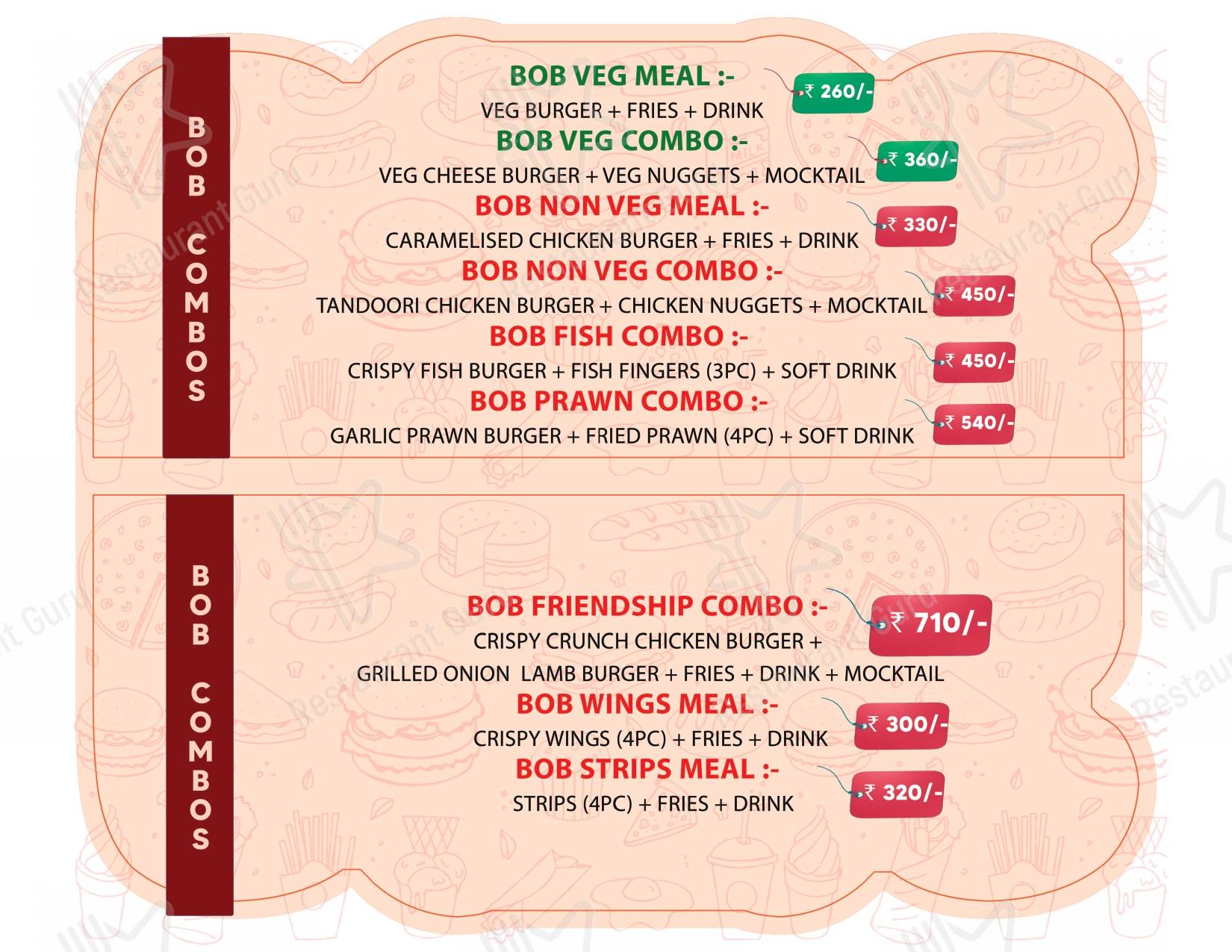 Boss of Burgers (BOB) menu