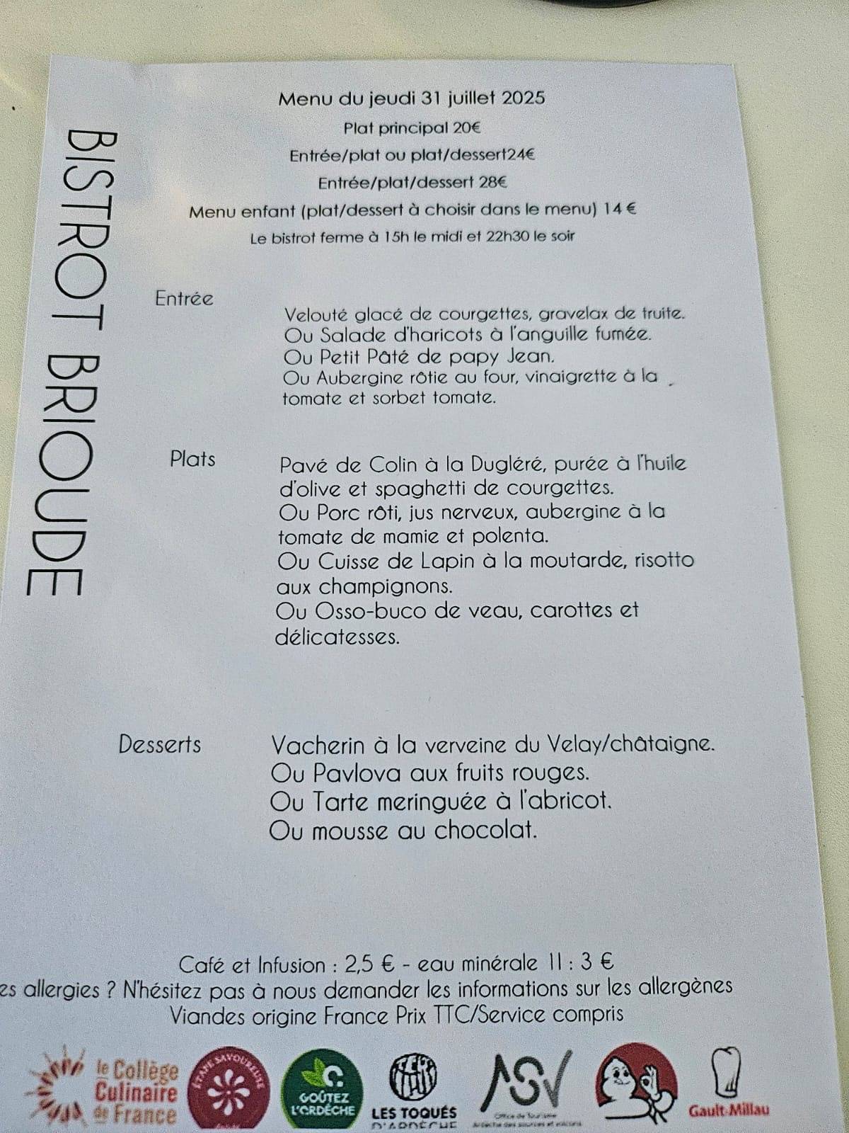 Menu de Restaurant Brioude