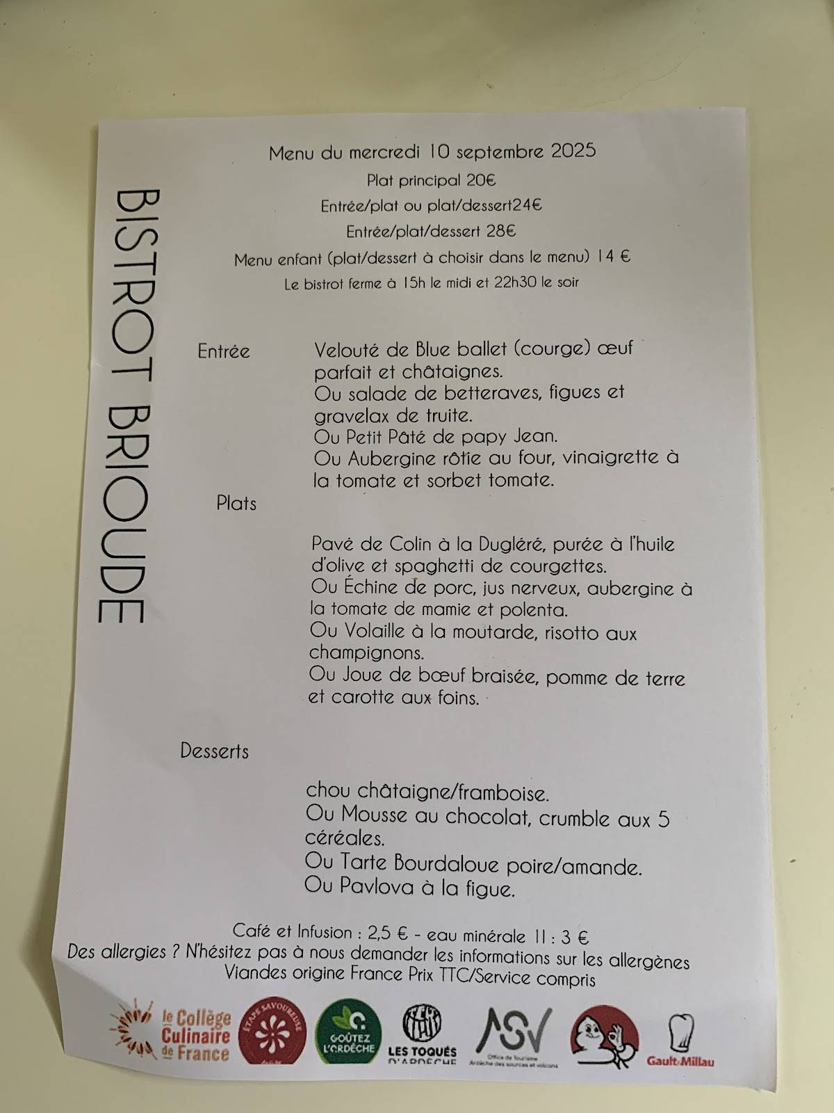 Menu de Restaurant Brioude