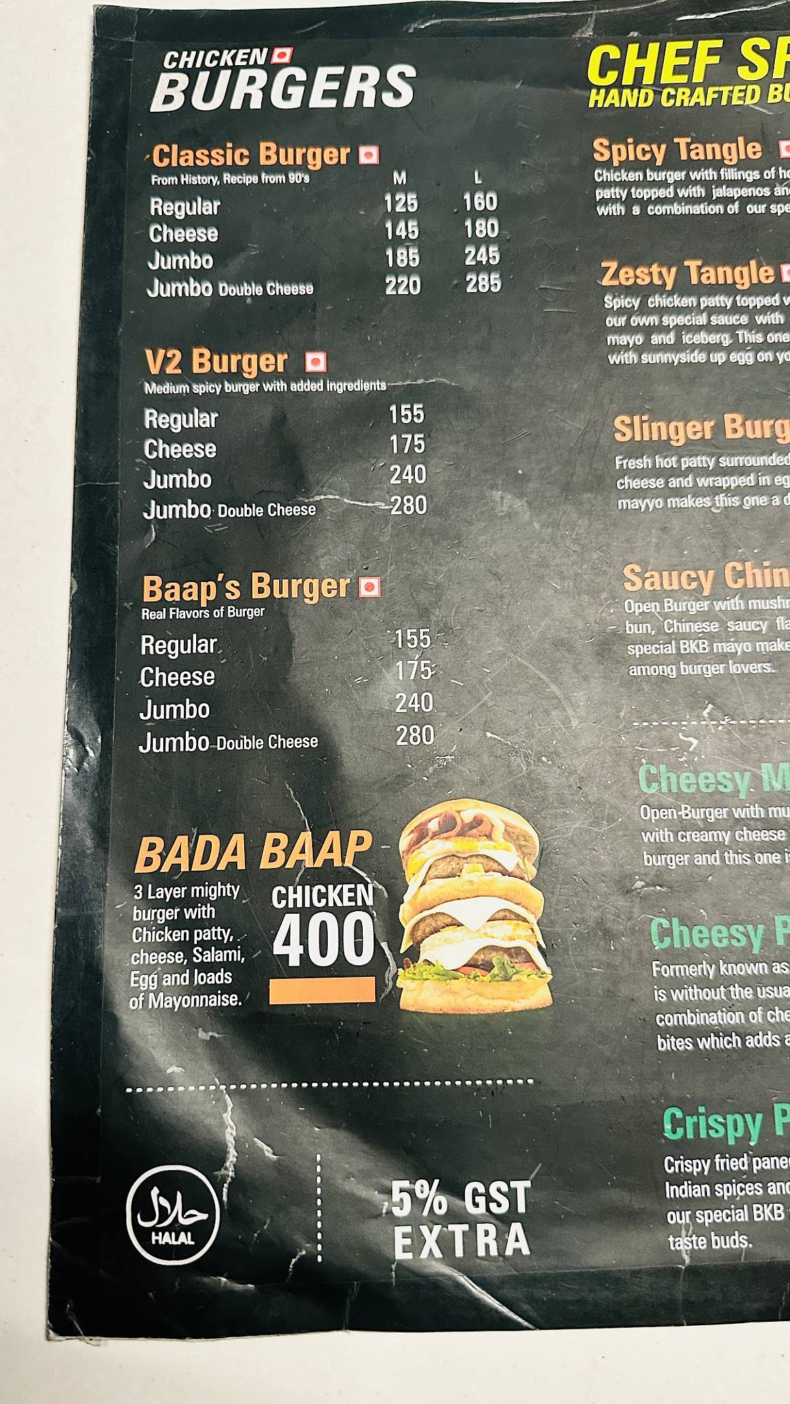 Burger Ka Baap menu