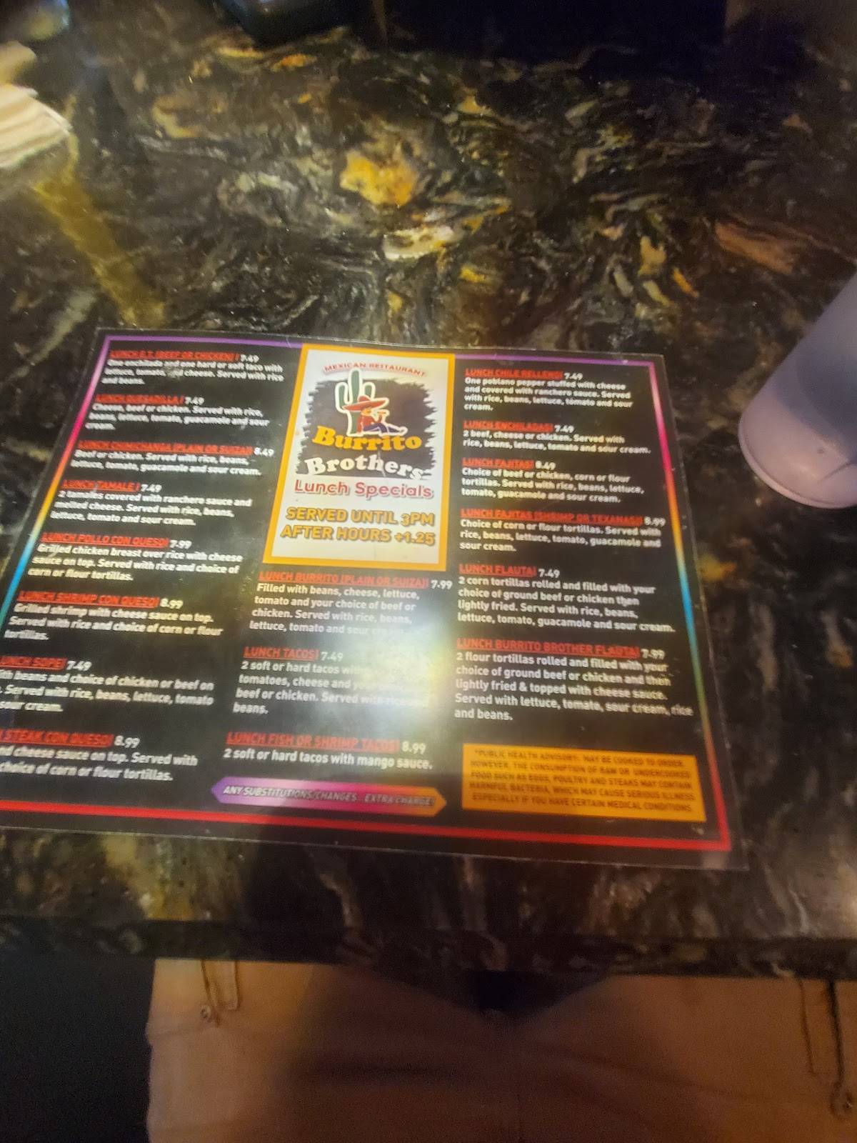 Menu at Burrito Brothers restaurant, Asheboro