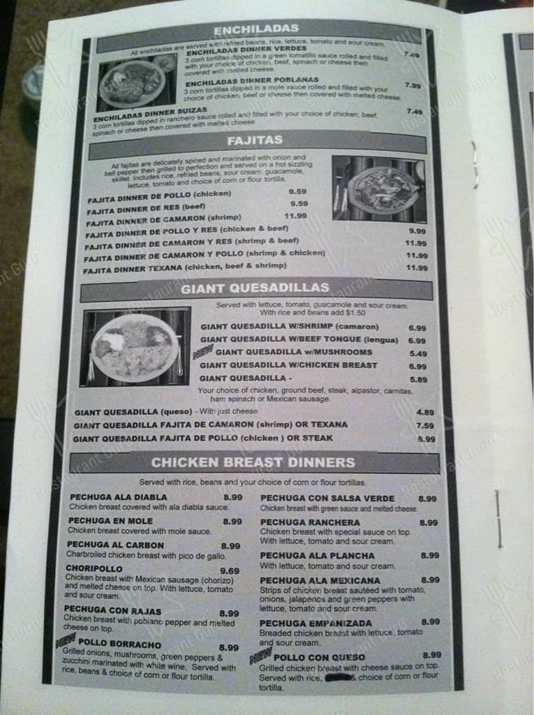 Menu at Burrito Brothers restaurant, Asheboro