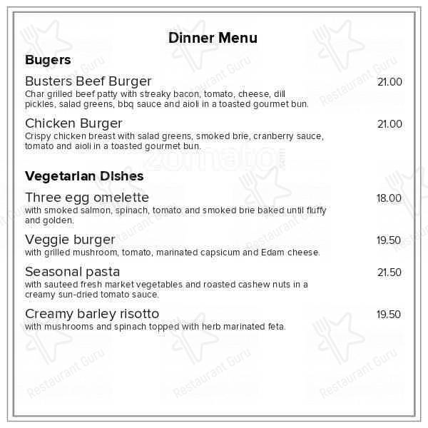 Menu at Buster Crabb restaurant, Invercargill