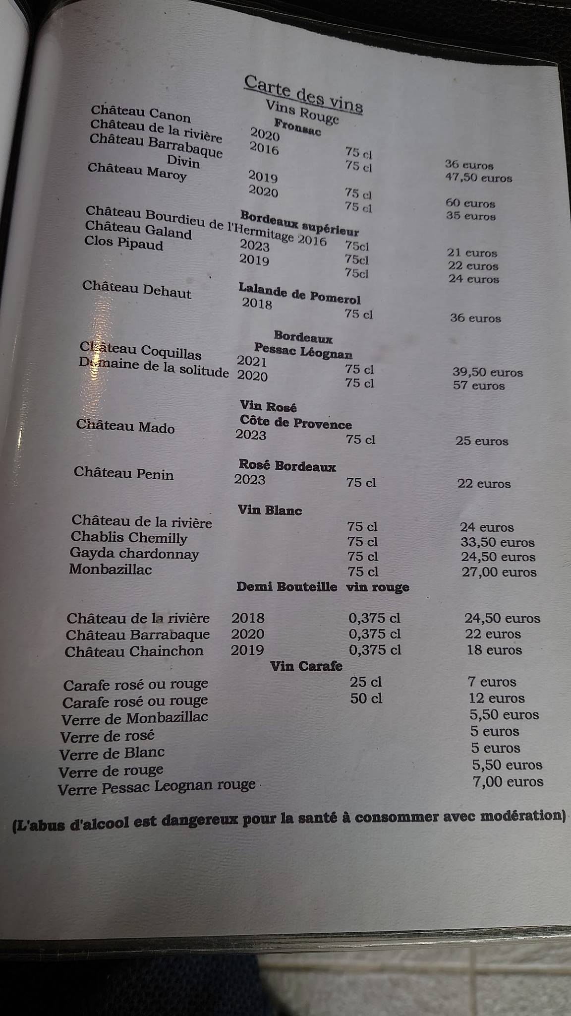 Menu de Chez Carles Saint Germain de la Rivière