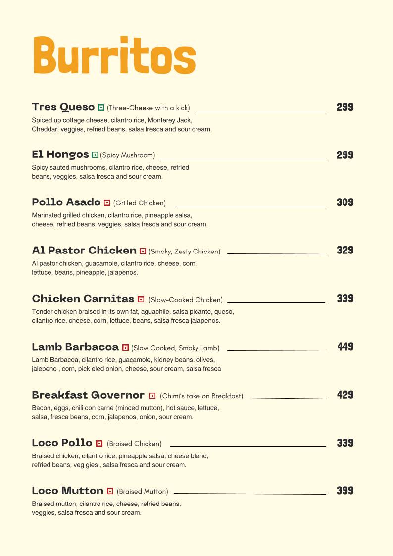 Chimichanga menu