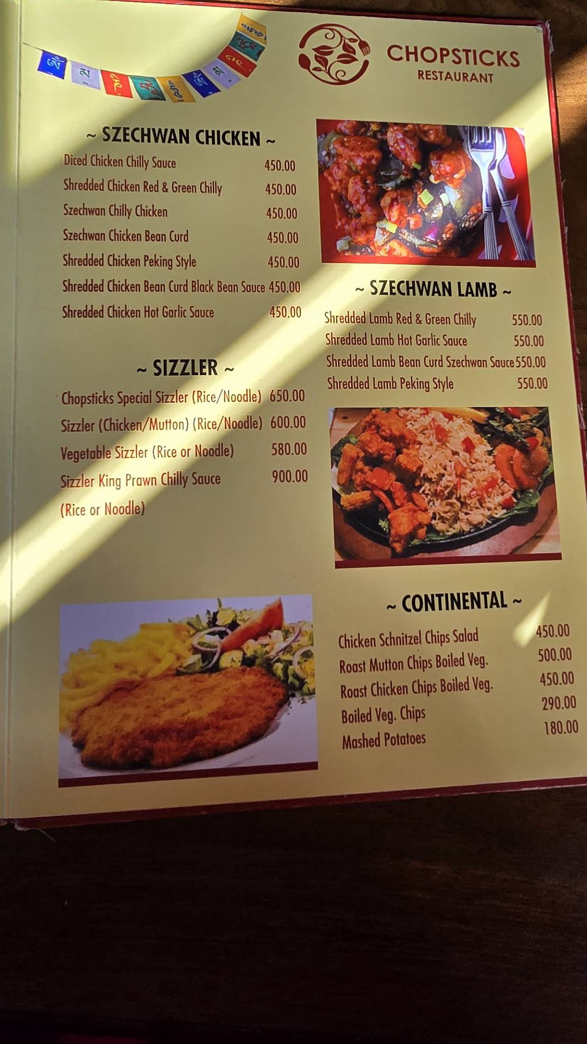 Chopsticks Restaurant menu