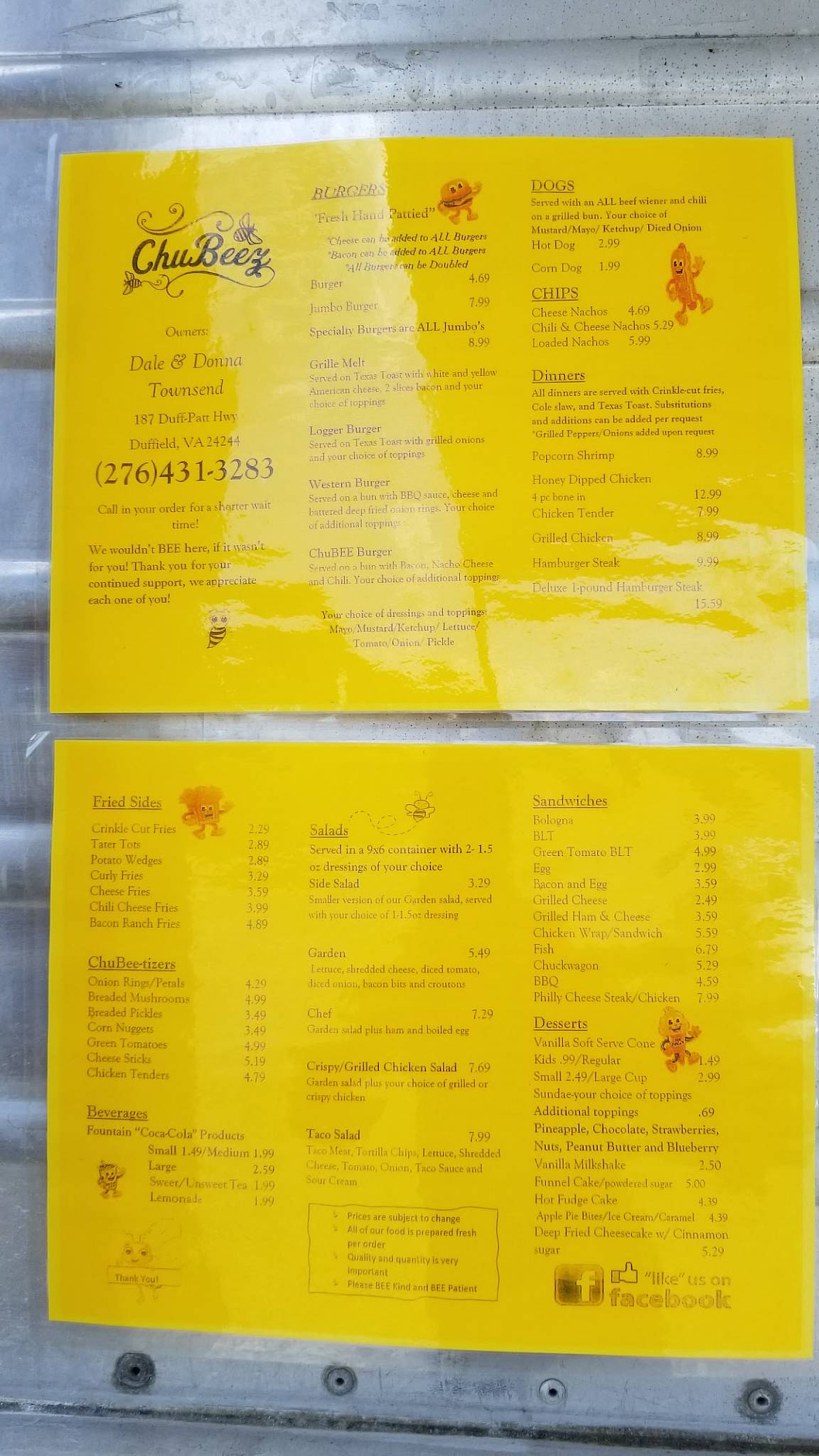 Menu at ChuBeez restaurant, Duffield