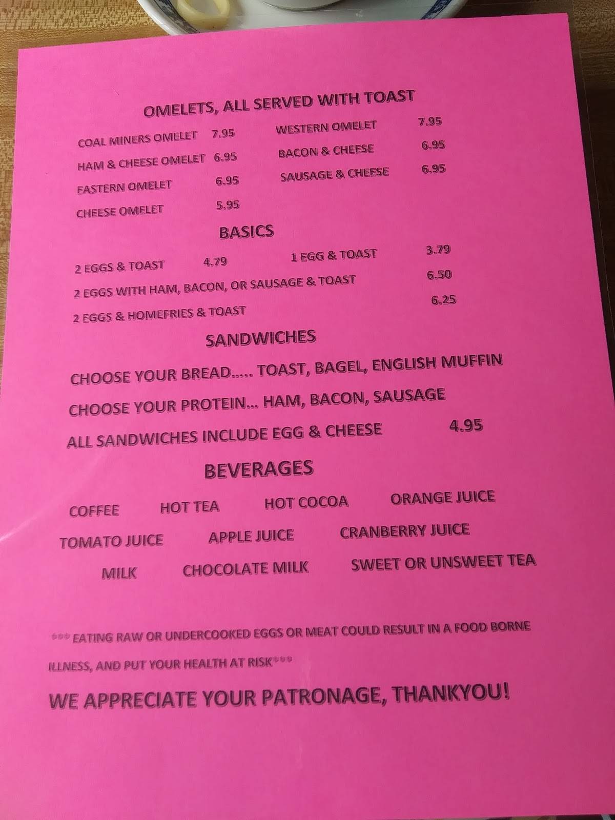 Menu at Coal Miner's Diner restaurant, Jennerstown