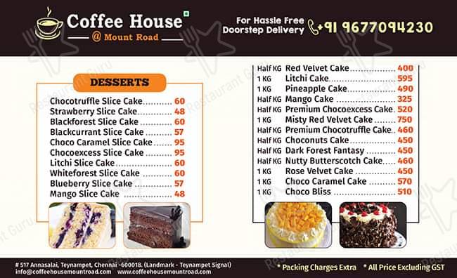 Coffee House @ Mount Road - T.Nagar branch menu