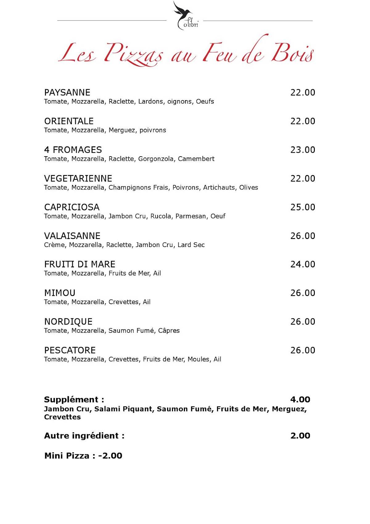 Menu di Restaurant Colibri 