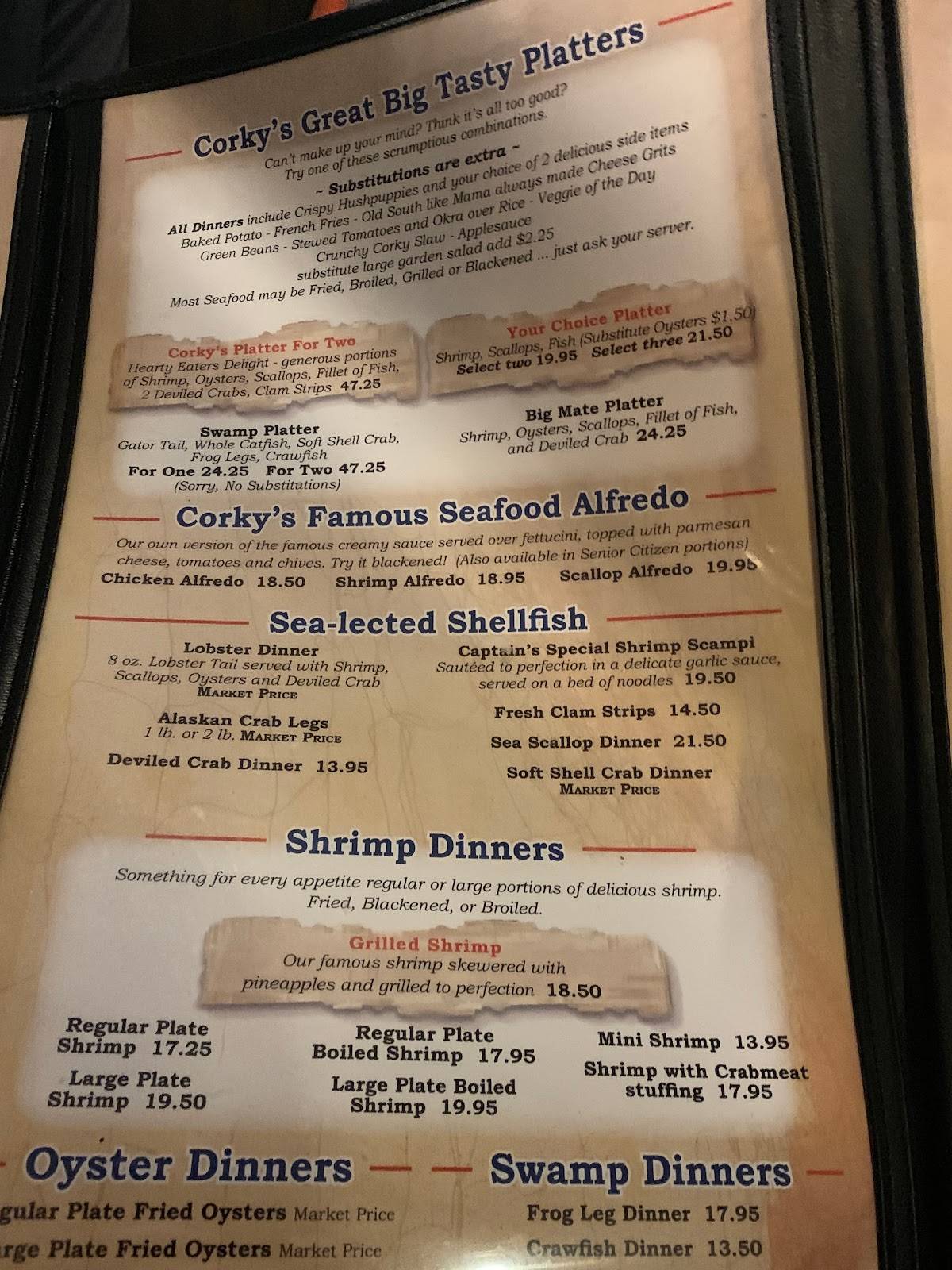 Menu at Corky Bell's Seafood & Steaks steakhouse, Fleming Island