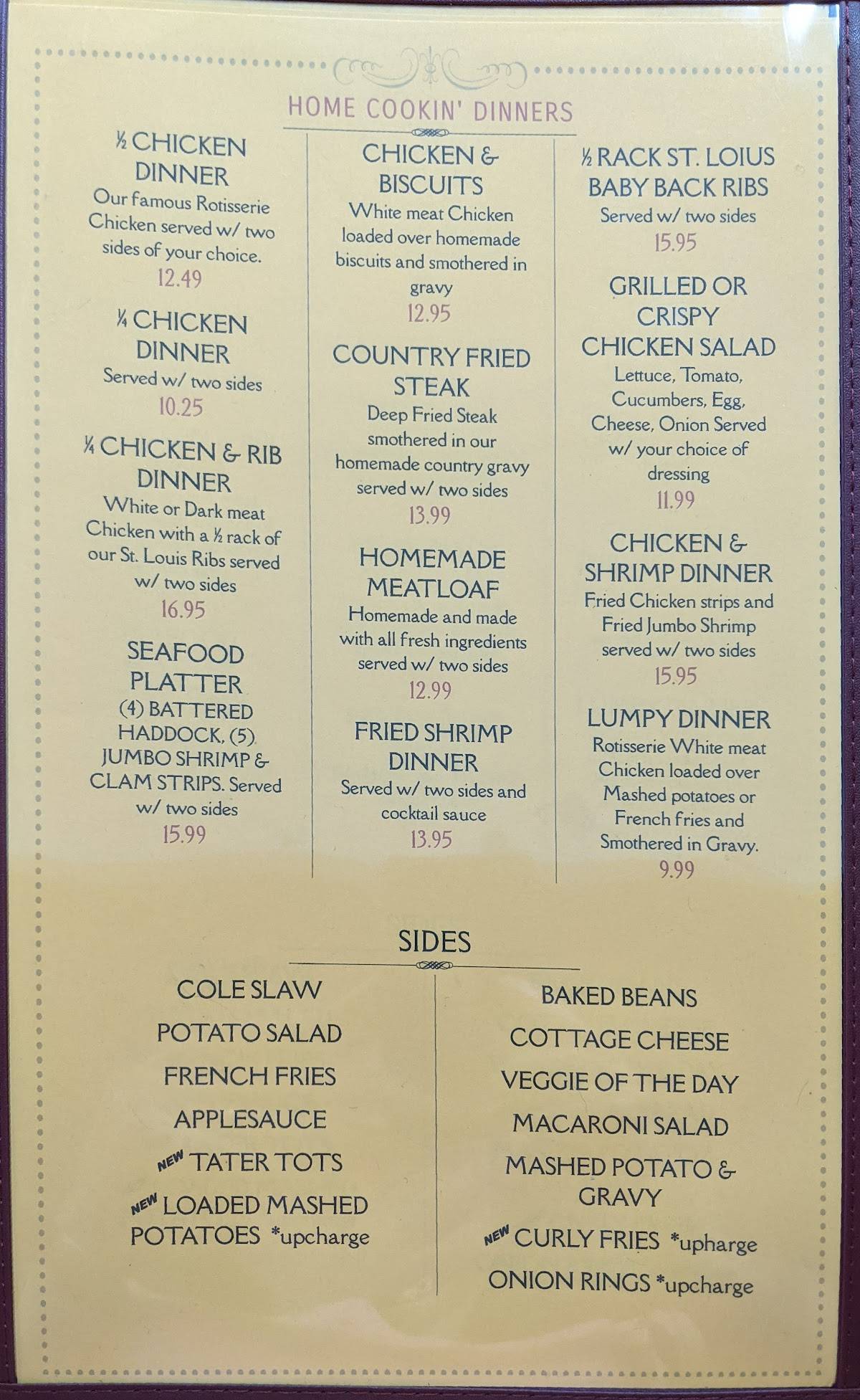 Menu at Curly's Chicken House restaurant, Elmira