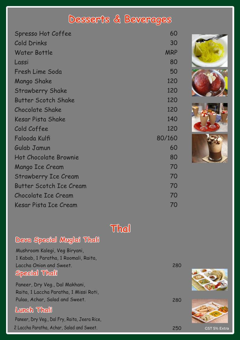 Deva Food Mart (Restaurant in Kapoorthala/ Restaurant in Aliganj Lucknow) menu